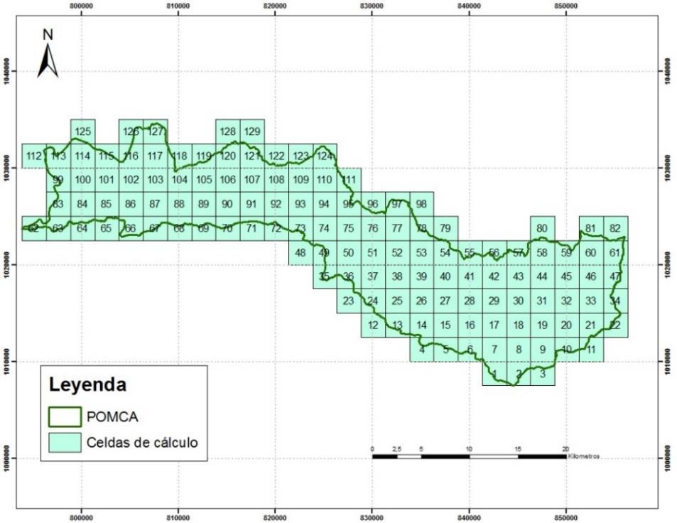 norte y de oeste a este, en total se obtuvieron 129 celdas de cálculo sobre el área del POMCA del Río Otún (Ver Figura 65)