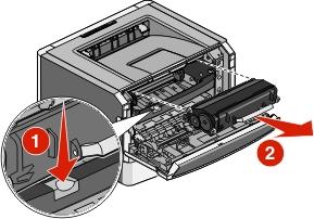 Mantenimiento de la impresora 106 2 Pulse el botón en la base del kit del fotoconductor y, a continuación, extraiga el
