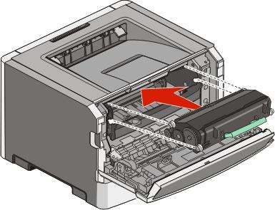 Mantenimiento de la impresora 107 5 Para instalar el nuevo cartucho de tóner, alinee los rodillos blancos del cartucho con las flechas blancas de las pistas del kit de fotoconductor.