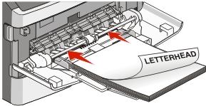Impresión 50 Origen de material o proceso Alimentador multiuso (impresión simple) Cara de impresión El diseño de la cabecera preimpresa se coloca hacia arriba.