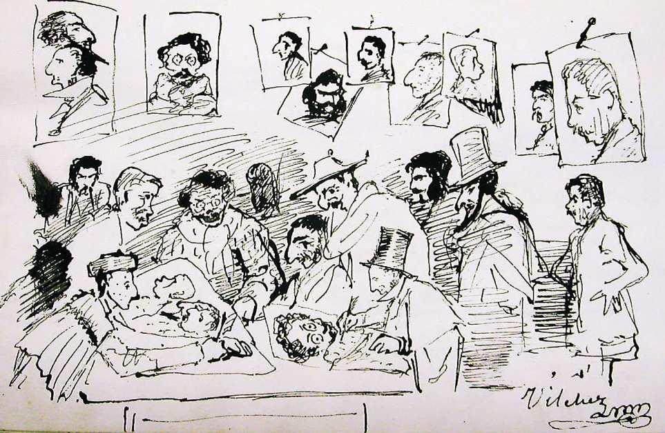 Dos de sus dibujos más representativos del Album de la Cuerda en el que el autor, que firma con el seudónimo de Vilchez, se autorretrata Hacia 1856, concluida la etapa de La Cuerda, Pineda recibe el
