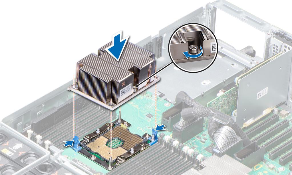 Figura 7. Instalación del módulo del disipador de calor y procesador 15 Empuje los sujetadores de retención azules hacia adentro para permitir que el PHM se coloque en su lugar.