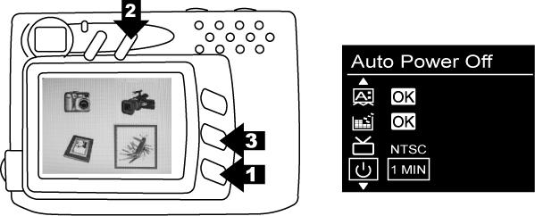 Apagado automático 1. En el modo Setting (Configuración). 2. Pulse para seleccionar el Modo Auto Power Off (Apagado Automático). 3.