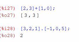 BREVE INTRODUCCIÓN A MAXIMA 13 5. Vectores, matrices y funciones con matrices Para manejar un vector, se introducen entre corchetes sus coordenadas separadas por comas.