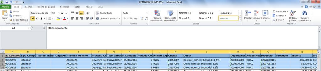 2.5 Posteriormente se abre otra hoja del archivo de Excel, y de la base general se toma únicamente la información correspondiente a ACCRUAL, la cual se selecciona de la columna Plantilla Asiento. 2.6.