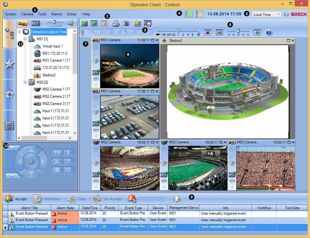 Bosch Video Management System Interfaz de usuario es 101 1 Barra de menús Permite seleccionar un comando de menú. 2 Barra de herramientas Muestra los botones disponibles.
