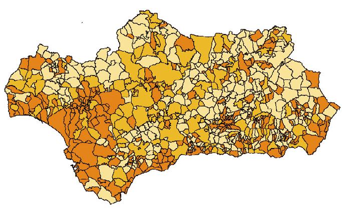 INFORME ECONÓMICO DE ANDALUCÍA 2010 Mapa 4. CRECIMIENTO DE LA POBLACIÓN EN LOS MUNICIPIOS DE ANDALUCÍA. AÑO 2010 NOTAS: % variación interanual. El crecimiento medio en Andalucía ha sido del 0,8%.