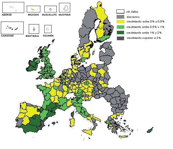 4. POBLACIÓN Mapa 5. CRECIMIENTO DE LA POBLACIÓN EN LAS REGIONES DE LA UE. PERIODO 1998-2009 NOTAS: Tasas de crecimiento medio anual acumulativo en el período.