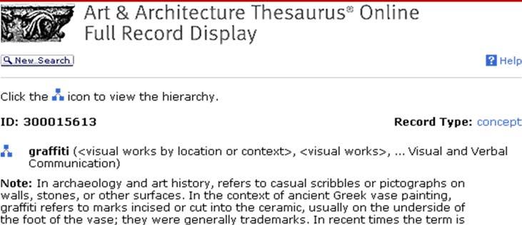 Art & Architecture Thesaurus Online. Sample Record Referencias bibliográficas.