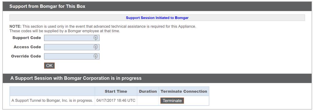 Si aparece la sección Sesión de soporte técnico con Bomgar Corporation en curso, el soporte técnico de Bomgar tiene una sesión activa en su dispositivo Bomgar.
