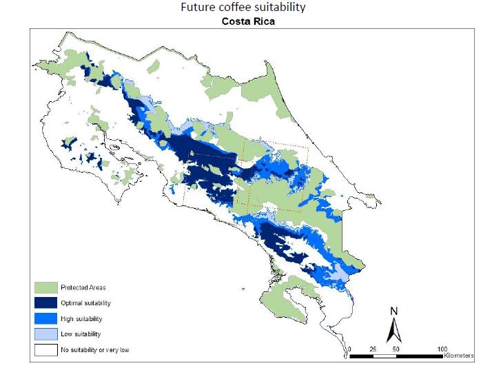 Aptitud actual y futura (año 2050) del café en Costa Rica Área protegida Uso de suelo actual para café Aptitud