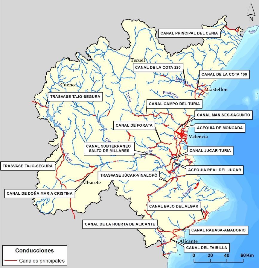 Júcar-Turia, el Canal Bajo del Algar, el Canal Rabasa-Amadorio, el Canal Júcar- Vinalopó o el Canal del Taibilla.
