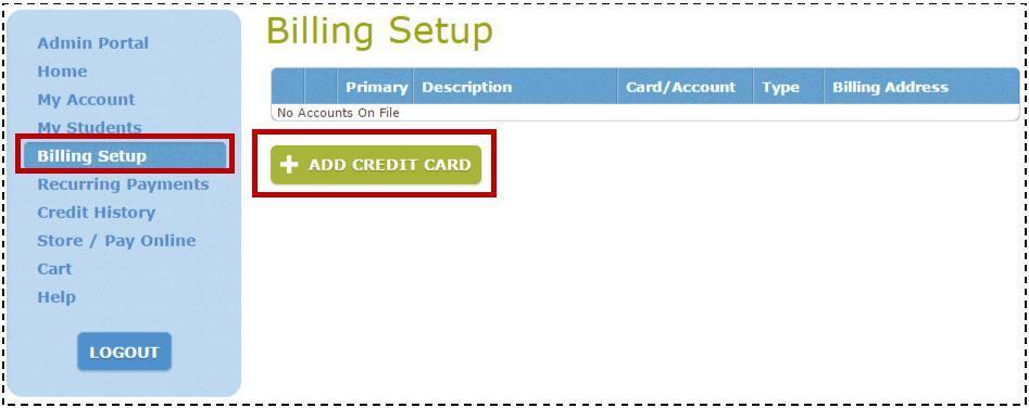 Ajustes de facturación La pantalla de ajustes de facturación permite que el padre o el usuario guarde un método de pago (tarjeta debido/crédito) así como también los detalles de la facturación, como