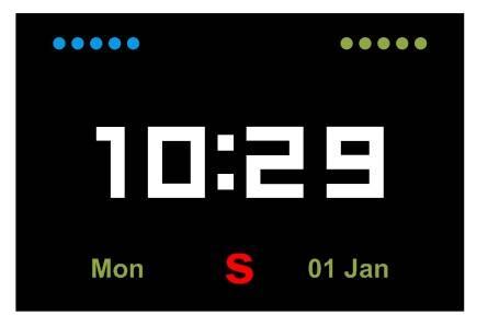 4 Interfaz de reloj digital (11) (12) (13) (15) (14) (11): Indicador de señal celular (12): Indicador del nivel de batería (13): Día de la semana (14): Indicador de alarma