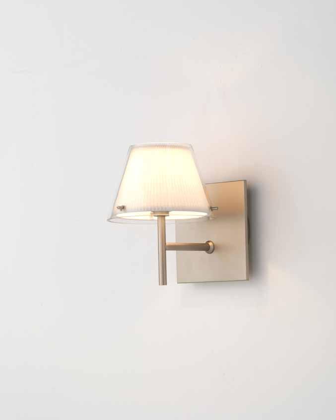 Metal wall lamp. Satin nickel finish. Double shade: inner fabric shade white pleated material, clear glass for outter shade.