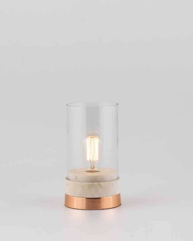 lamp with white marble base 170 270 Acabado Sobremesa de cristal transparente con base de mármol blanco y acabado metálico cobre.