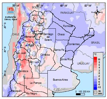 Para el periodo del 11 al 18 del corriente mes se pronostican temperaturas medias superiores a lo normal en el NOA, Cuyo, Patagonia, y áreas aisladas del oeste de la región Pampeana.