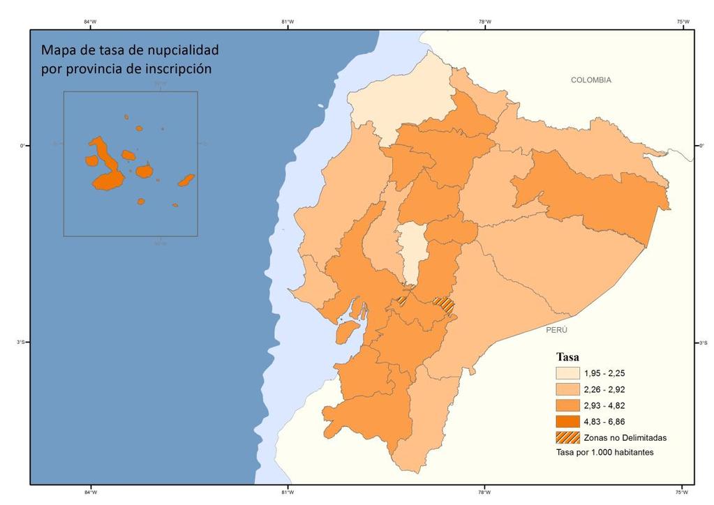 Tasa de nupcialidad por provincia de inscripción La tasa de nupcialidad más alta se registra en la provincia de Galápagos con 6,9 siendo más alta que la nacional con