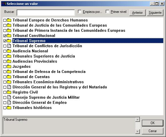 Una vez se muestra el listado en pantalla pueden seleccionarse los dos Tribunales, pulsando en la casilla izquierda de cada opción.