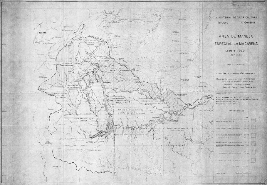 Imagen 10. Mapa Área de Manejo Especial La Macarena (Septiembre 1989) En el año 2008 la Dirección Territorial Amazonia Orinoquia realizo el CPS No.