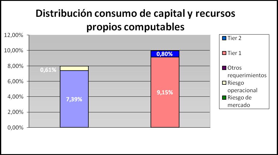 La comparación entre los consumos de capital en función del riesgo y los recursos propios computables muestran una situación confortable al cierre del ejercicio, como reflejan los ratios de capital