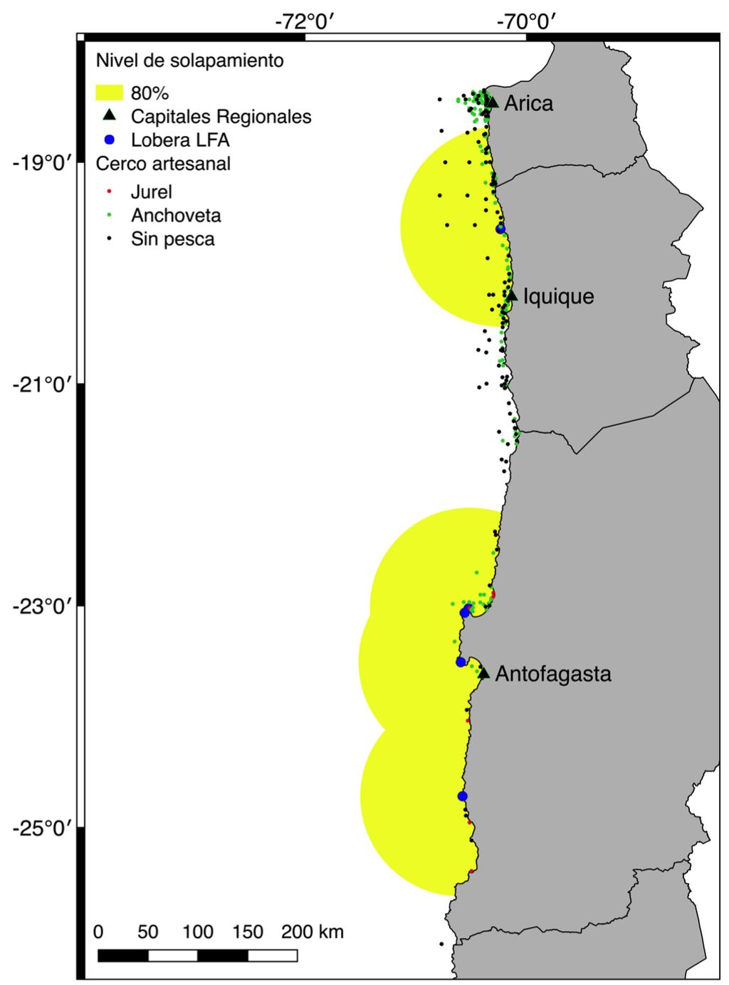 Figura 41. Superposición de las zonas de pesca de cerco artesanal, para el jurel (puntos rojos), la anchoveta (puntos verdes), lances sin pesca (puntos negros) y las áreas de uso del LFA.
