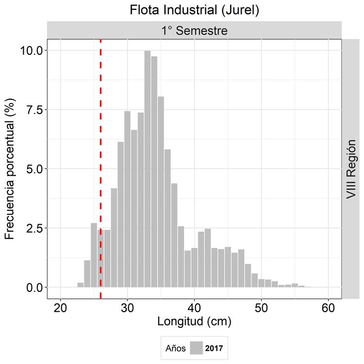 Figura 27. Estructura de tallas de jurel en la flota industrial de cerco en el primer semestre del año 2017. %BTML: Línea roja punteada representa la posición en el gráfico de la talla mínima legal.