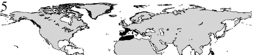 Fig. 5-7. Ejemplos de distribuciones mundiales de los distintos tipos de elementos biogeográficos.