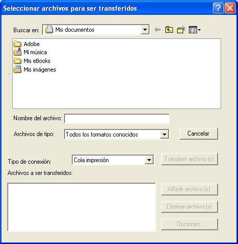 DOWNLOADER 59 3 Seleccione Transferir en el menú Archivo o haga clic en el botón Transferir. 4 Seleccione el tipo de archivo que desea mostrar en el menú Archivos de tipo.