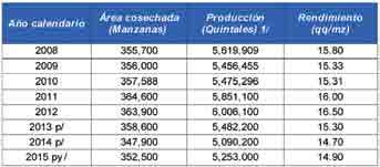 08 0.07 Principales departamentos productores: La producción nacional se encuentra distribuida de la siuiente forma: San Marcos (16%), Santa Rosa (15%), Suchitepéquez (9%), Huehuetenano (8%),