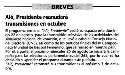 Breves / Aló, Presidente reanudará transmisiones en
