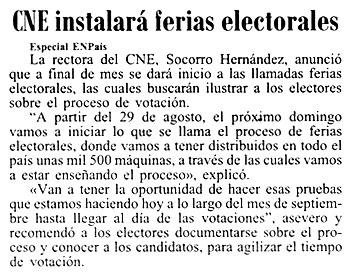 CNE instalará ferias electorales El