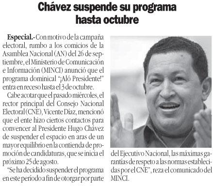 Chávez suspende su programa hasta octubre
