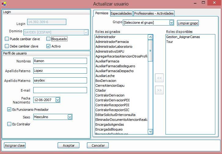 Reconocimiento de pantallas del Subsistema de herramientas Interfaz actualizar usuario Modificar los Datos del Usuario Pestaña de Trabajo Datos del usuario Pestaña de Esta interfaz nos permite