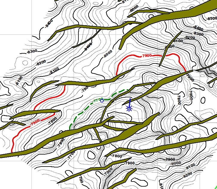 Pozo de Avanzada Pandereta-2 Mapa estructural en profundidad al tope del intervalo del reservorio conectado a PAN-1 Sección sísmica con atributo AVO sobre la trayectoria del pozo PAN-2 A B PAN-2