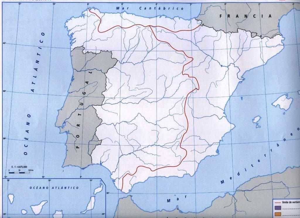 4. Les conques hidrogràfiques d Espanya es divideixen en tres vessants. Segons el mapa següent: a) Quins són?