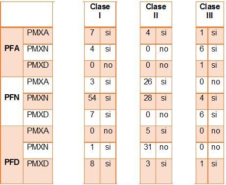 TABLA 13 Diferencias entre el tipo de combinación de patrón clase I y clase II, clase I y clase III, clase II y clase III.