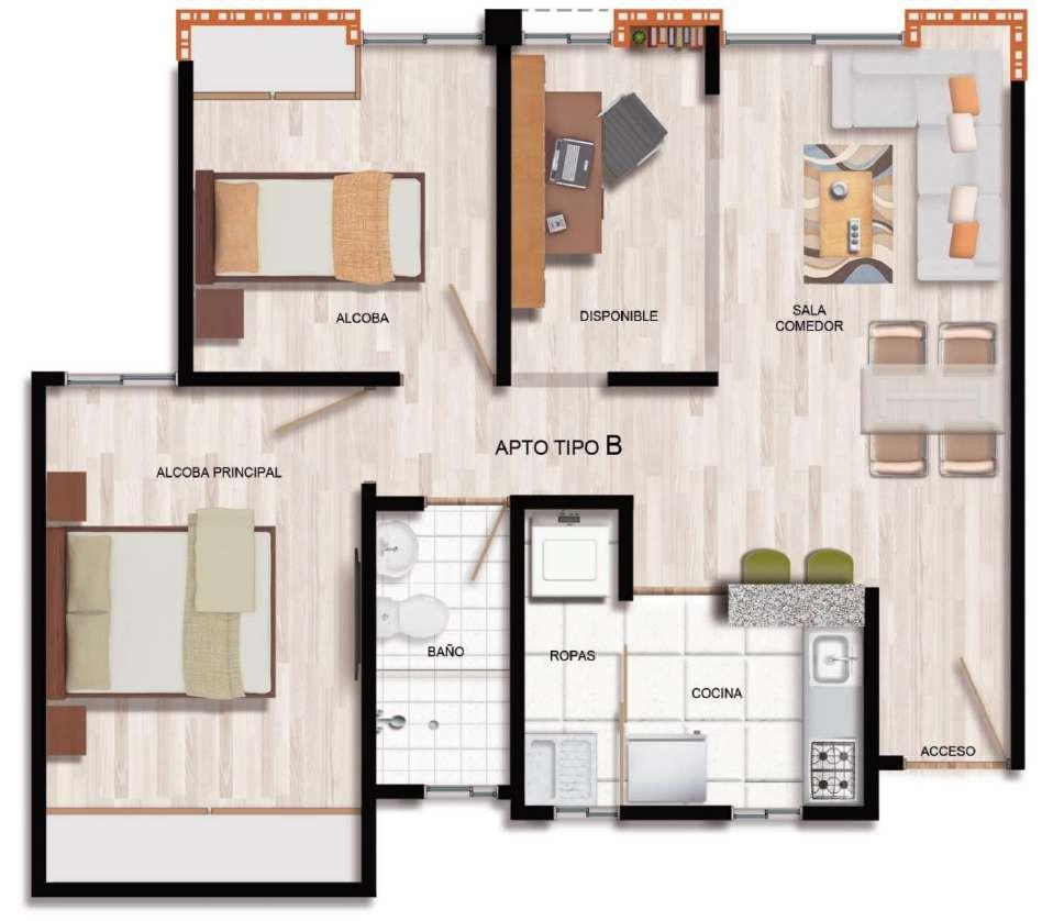 El apartamento TIPO B, cuenta con un área construida de 51,94m2 y un área privada de 48,58m2,