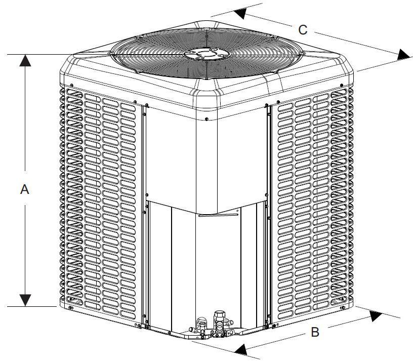 Dimensiones de la Condensadora DivididosAffinityCold A B C Tamaño de la válvula de servicio de conexión refrigerante cm Liquido