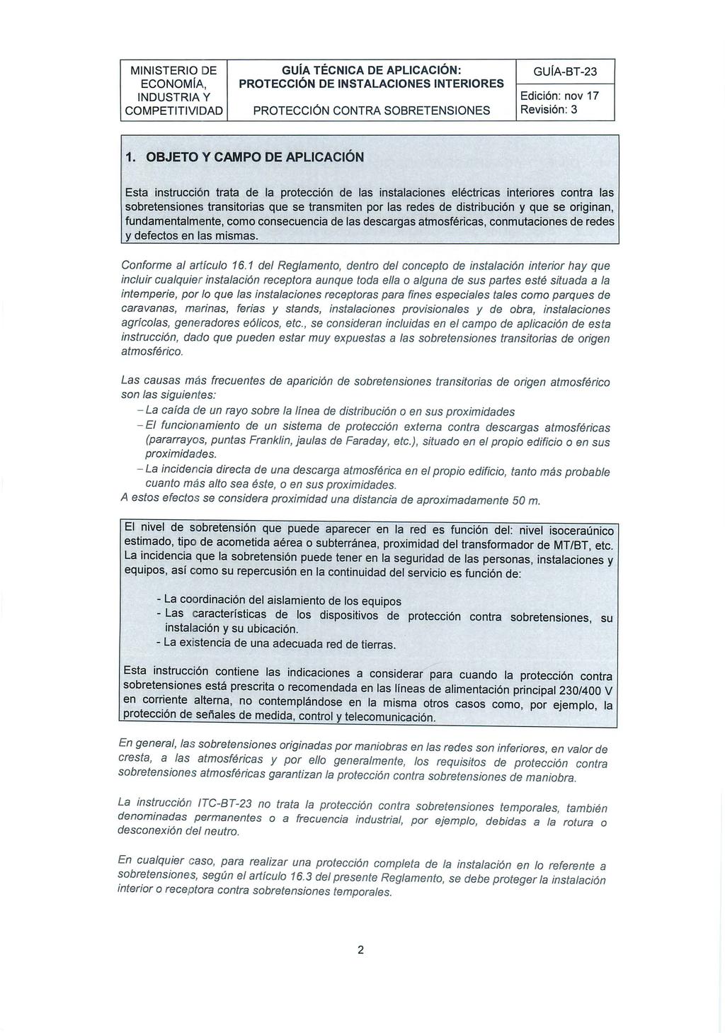 MINISTERIO DE GUÍA TÉCNICA DE APLICACIÓN: GUÍA-BT-23 COMPETITIVIDAD PROTECCIÓN CONTRA SOBRETENSIONES Revisión : 3 1.