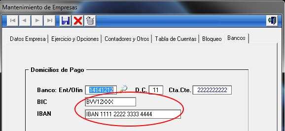 campos BIC e IBAN. Puede seleccionar un banco pregrabado y se mostrar el dato BIC automáticamente o puede usar una entrada manual (código banco cero) y teclear los datos BIC e IBAN manualmente.
