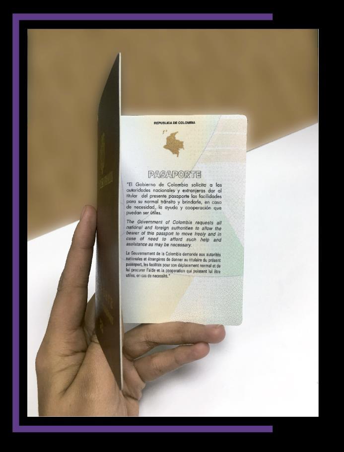 PÁGINA DE DATOS REVERSO Imagen fantasma con la misma fotografía del titular del pasaporte en forma atenuada. Texto pasaporte en tinta ópticamente variable. Numeración de la libreta en alto relieve.