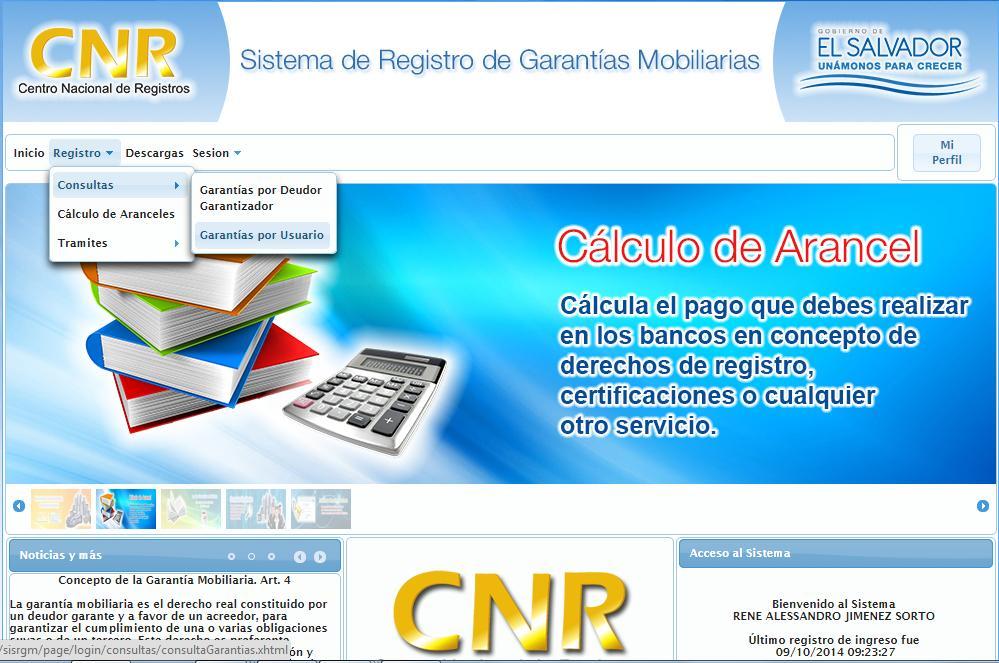 5. Consulta de garantías por usuario. Centro Nacional de Registros 6.