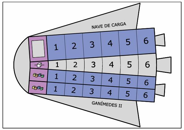 4 cajitas: contenedores de plataformas 4 dados 8 fichas de turno (1, 2, 3,4) 4 tableros de control (D) 1 nave de carga (E) PREPARACIÓN Cada