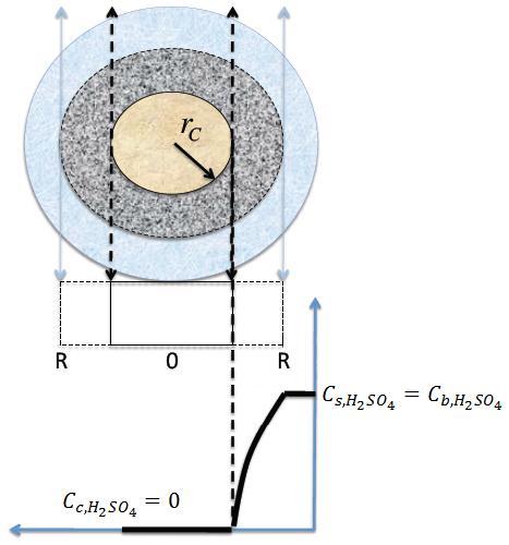(a) (b) (c) Ilustración 24: Esquema modelo del modelo del núcleo sin reaccionar con etapa limitante: (a) la difusión externa del reactante (a), (b) la difusión