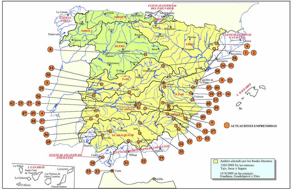 Localización de actuaciones En el tercer trimestre del presente año hidrológico se tramitaron una serie de obras de emergencia que autorizó, en el Consejo de Ministros del 10 de marzo de 2006, la