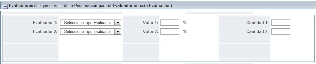 Campos del bloque definición de evaluación Evaluación Buscar: Con este botón podrá buscar las evaluaciones creadas. Descripción: Digite el nombre de la evaluación que está creando.