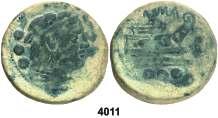 REPÚBLICA ROMANA F 4011 (215-211 a.c.). Anónima. Cuadrante. (Spink 608) (Craw. 41/8b). Anv.: Cabeza de Hércules joven con la piel de león, detrás. Rev.: Proa, encima ROM, debajo. 15,11 g. BC+. Est.