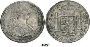 México. FM. 8 reales. (Cal. 682). 26,52 g. Busto de Carlos III. Ordinal IV. Resellos orientales. Escasa. BC+. Est. 40.................................. 25, 4527 1791.