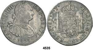 México. FT. 8 reales. (Cal. 698). 26,77 g. BC+/MBC-. Est. 40............... 25, F 4535 1803. México. FT. 8 reales. (Cal. 699). 26,95 g. MBC+. Est. 65.................. 50, 4536 1804. México. TH.